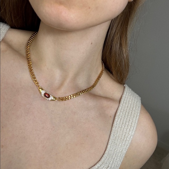 marley and me Jewelry - Elegant Gold necklace with cz stones and Red Gemstone